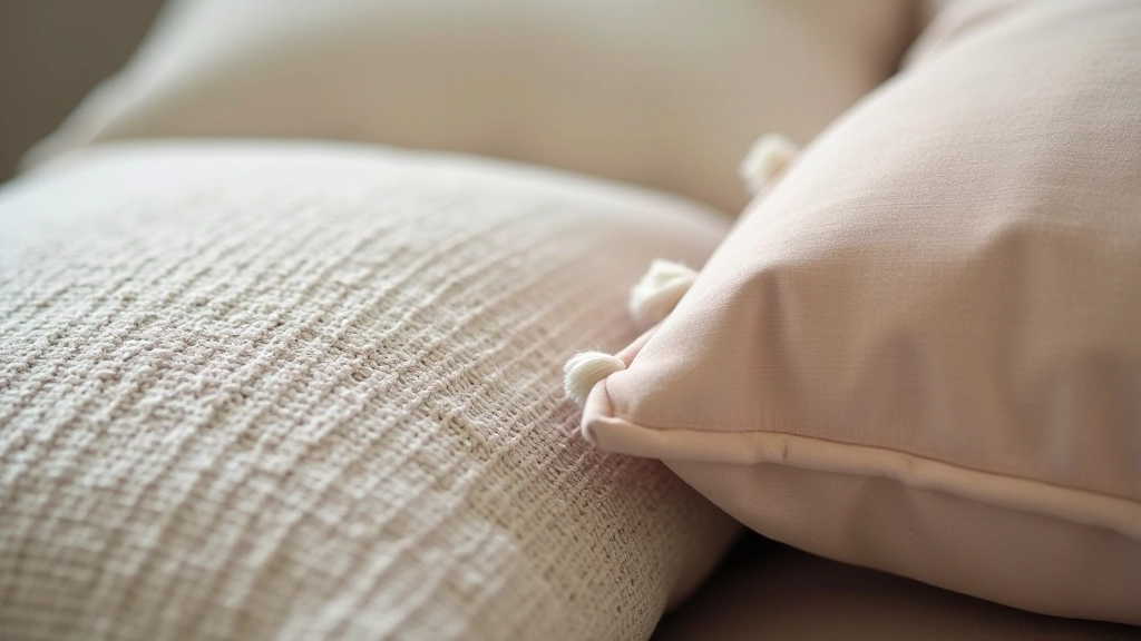 Různé textury látek na polštářích — len, velur, bavlna, trikot